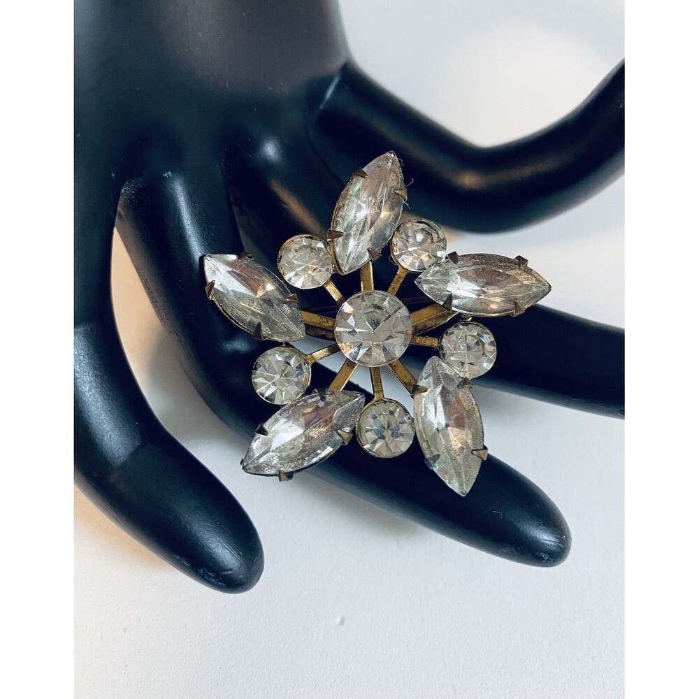 Retro Mid Century Vintage Atomic Clear Gemstone Brooch 1.25”